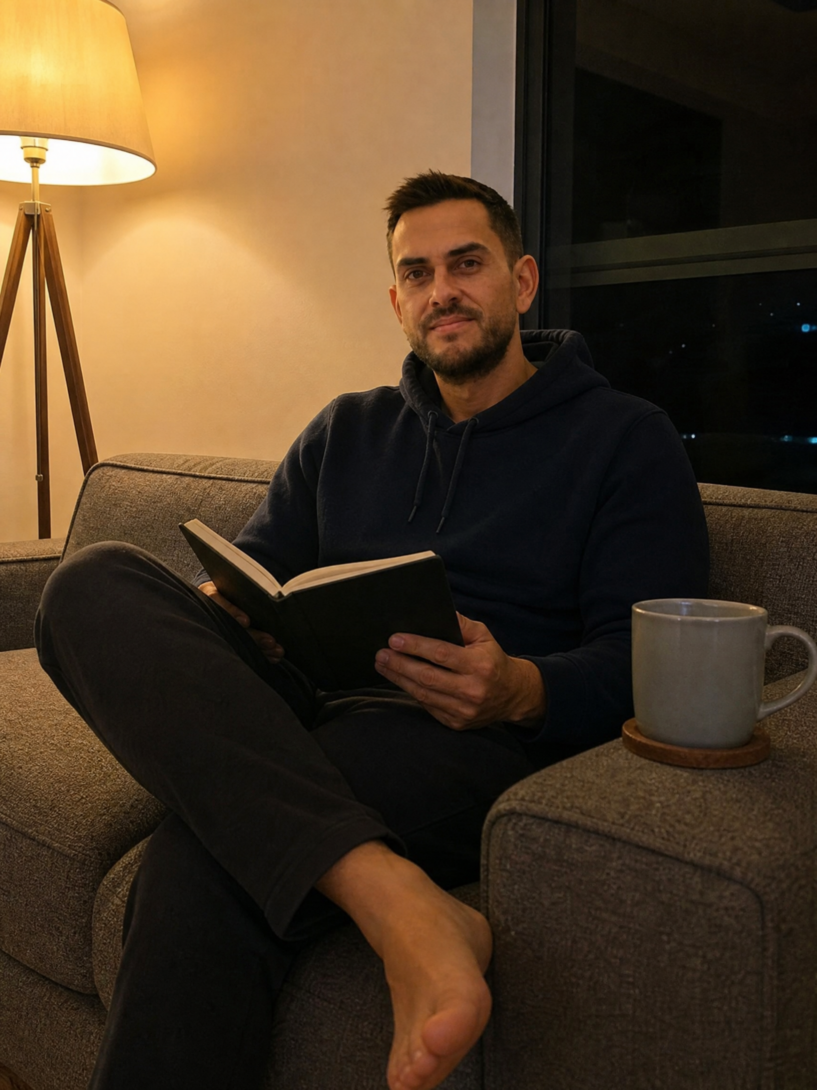 Sean Ali reading quietly on a couch at night before sleep